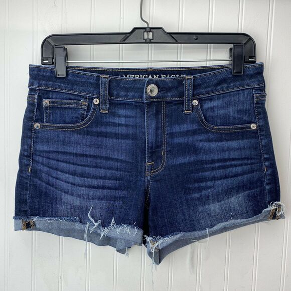 American Eagle Outfitters Pants - American Eagle Shortie 8 Midrise Super Stretch Denim Shorts Dark Raw Hem EUC